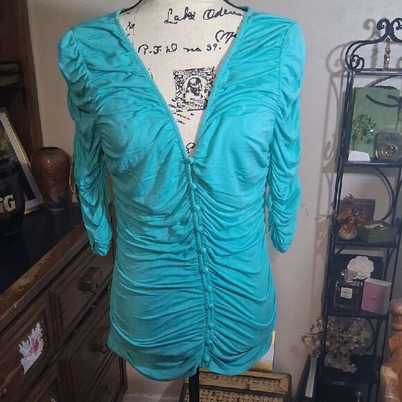 Anthropologie Sunday In Brooklyn Turquoise l Ruched Women's Top Medium - Picture 1 of 8